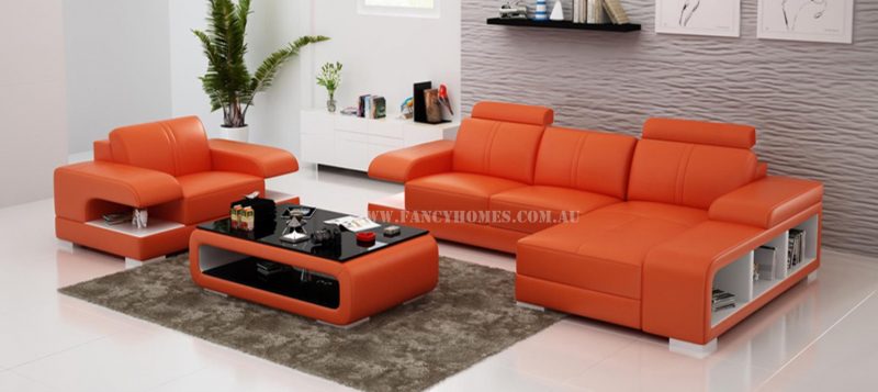 Fancy Homes Levita-E chaise leather sofa with a single seater in orange and white leather