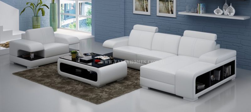 Fancy Homes Levita-E chaise leather sofa with a single armchair in white and black leather