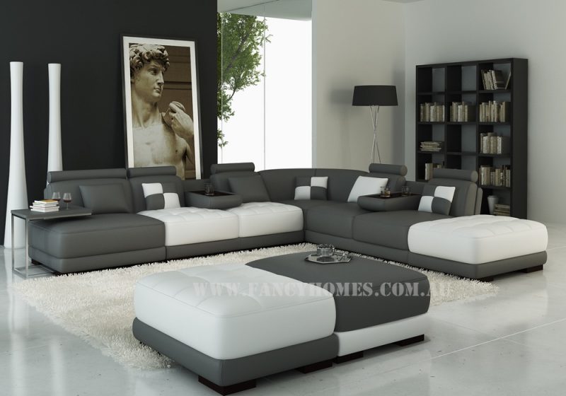 Fancy Homes Paris corner leather sofa in dark grey and white leather with adjustable headrests, removable ottomans and foldable cupholders