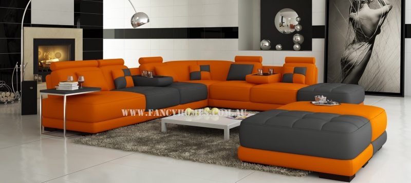 Fancy Homes Paris corner leather sofa in orange and dark grey leather