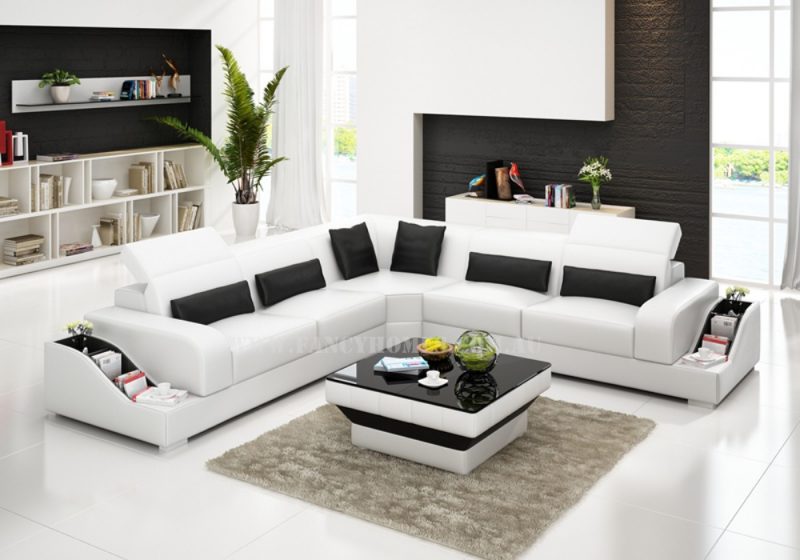 Fancy Homes Paloma-B corner leather sofa in white and black leather featured with unique armrests design with bookshelves