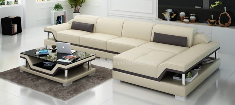 Fancy Homes Paxton-C chaise leather sofa in beige and brown leather