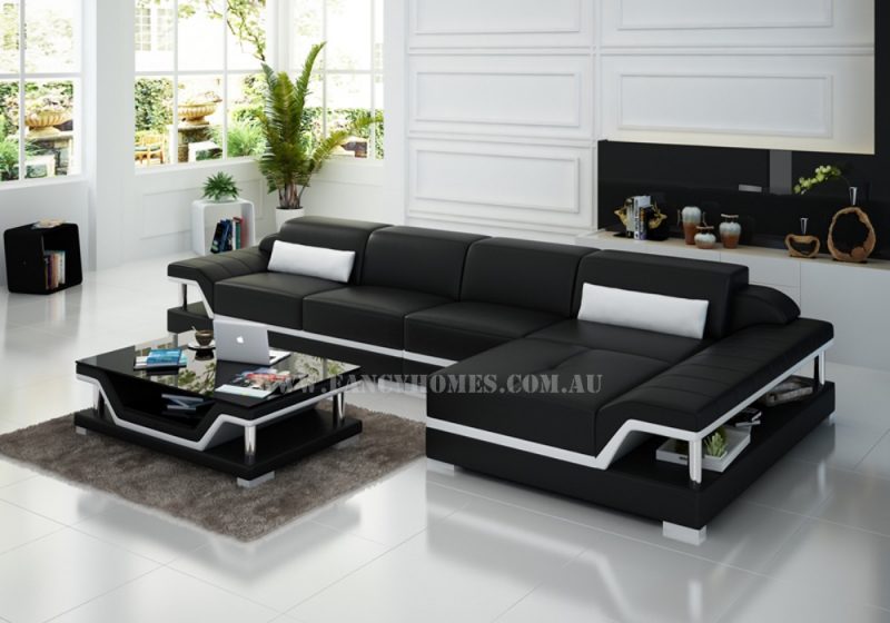 Fancy Homes Paxton-C chaise leather sofa in black and white leather featured with adjustable headrests and storage armrests