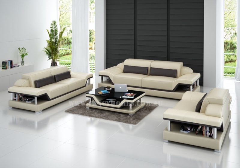 Fancy Homes Paxton-D lounges suites leather sofa in beige and brown leather featured with adjustable headrests and storage armrests