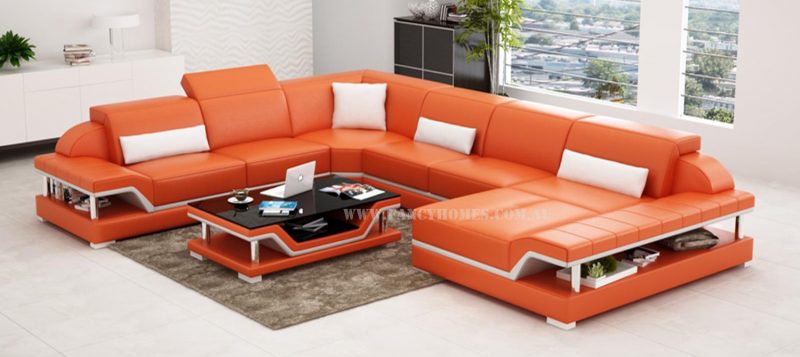 Fancy Homes Paxton modular leather sofa in orange and white with adjustable headrests and storage armrests