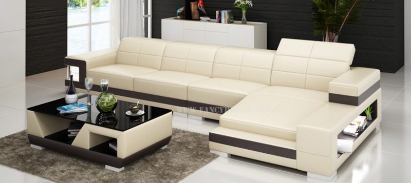 Fancy Homes Prima-C chaise leather sofa in beige and brown leather