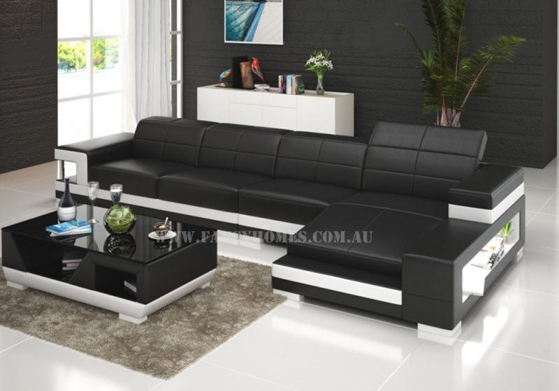 Fancy Homes Prima-C chaise leather sofa in black and white leather with easy-adjust headrests, LED lighting systems and storage armrests