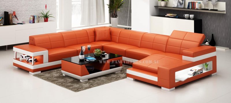 Fancy Homes Prima U-shaped modular leather sofa in orange and white