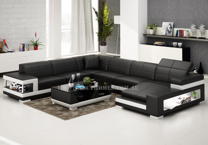 Fancy Homes U-shaped Prima modular leather sofa in black and white leather featured with adjustable headrests, storage armrests and LED lighting systems