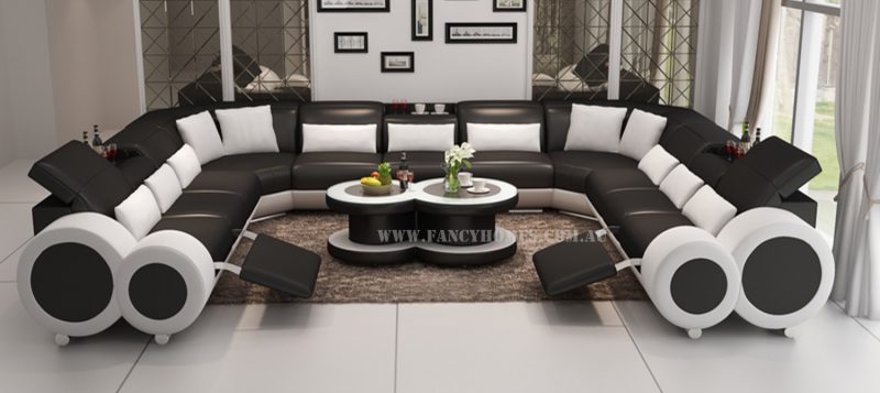 Fancy Homes Renata-B U-shaped corner leather sofa in black and white leather