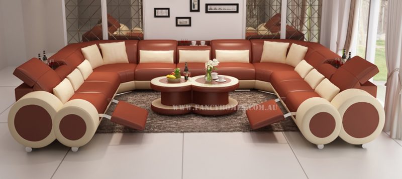 Fancy Homes Renata-B U-shaped corner leather sofa in bronze and beige leather