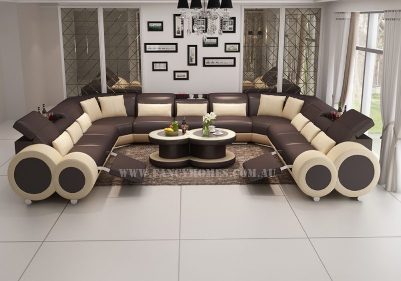 Fancy Homes Renata-B U-shaped corner leather sofa in brown and beige leather featured with built-in middle table and foldable footrests