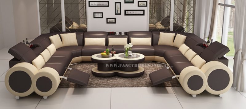 Fancy Homes Renata-B U-shaped corner leather sofa in brown and beige leather