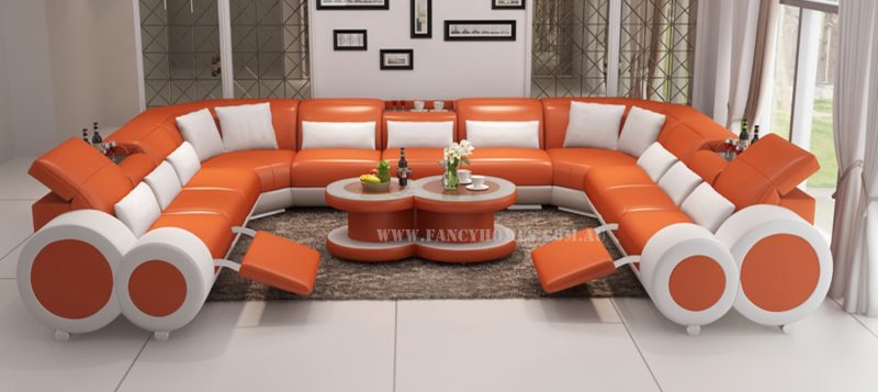 Fancy Homes Renata-B U-shaped corner leather sofa in orange and white leather