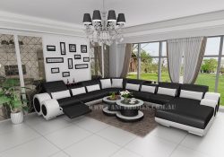 Fancy Homes Renata modular leather sofa in black and white leather with built-in middle table and foldable footrest