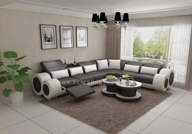 Fancy Homes Renata-D corner leather sofa in grey and white leather featuring built-in middle table and foldable footrests