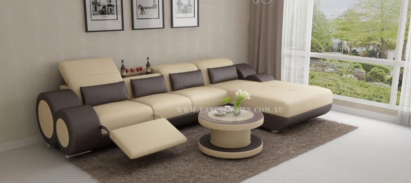 Fancy Homes Renata-H chaise leather sofa in beige and brown leather