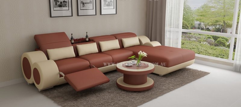 Fancy Homes Renata-H chaise leather sofa in brown and beige leather