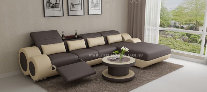 Fancy Homes Renata-H chaise leather sofa in brown and beige leather