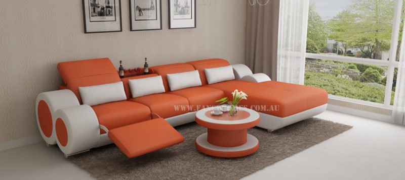 Fancy Homes Renata-H chaise leather sofa in orange and white leather