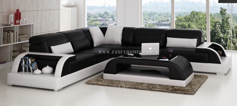 Fancy Homes Siena-B corner leather sofa in black and white leather comes with matching coffee table