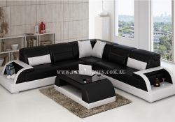 Fancy Homes Siena-B corner leather sofa in black and white leather featured with adjustable headrests, curved armrests with storage