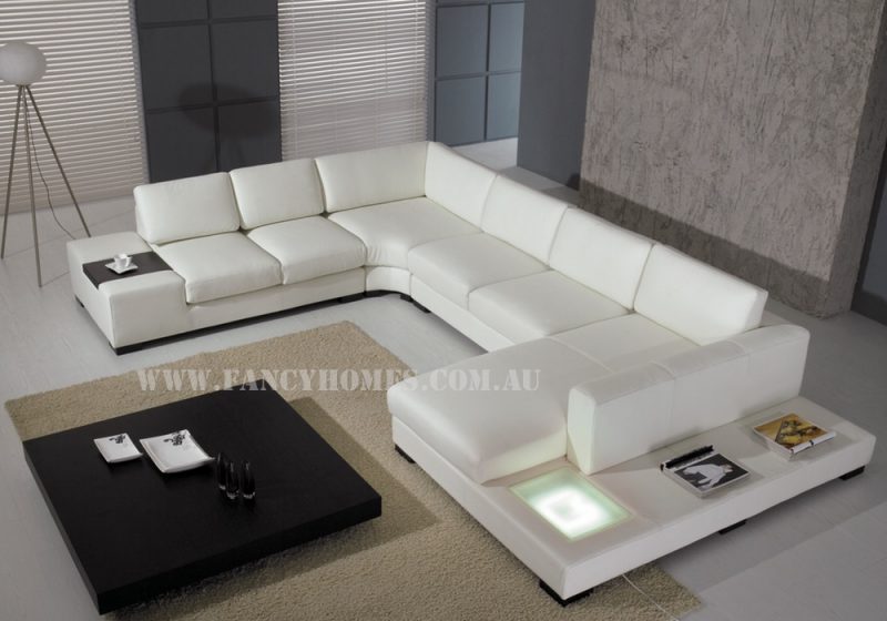 Fancy Homes Sonia modular leather sofa in pure white leather featuring in-built side table and lighting system