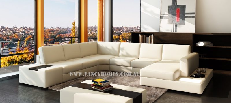 Fancy Homes Sonia modular leather sofa in creamy white leather featuring in-built side table and lighting system