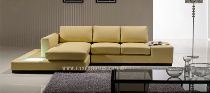 Fancy Homes Sonia-B chaise leather sofa in cream leather featuring LED lighting and in-built side table