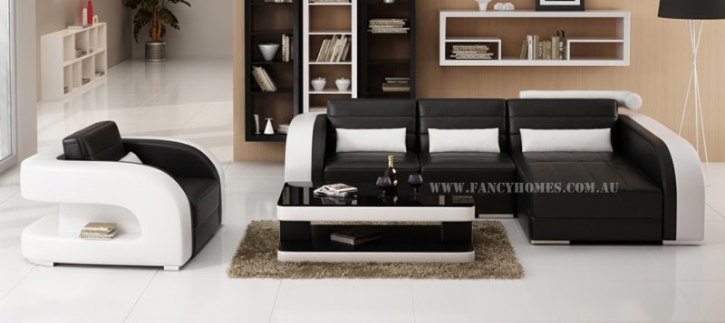 Fancy Homes Stream chaise leather sofa in black and white leather