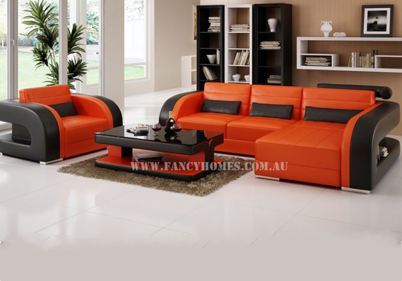 Fancy Homes Stream chaise leather sofa in orange and black leather