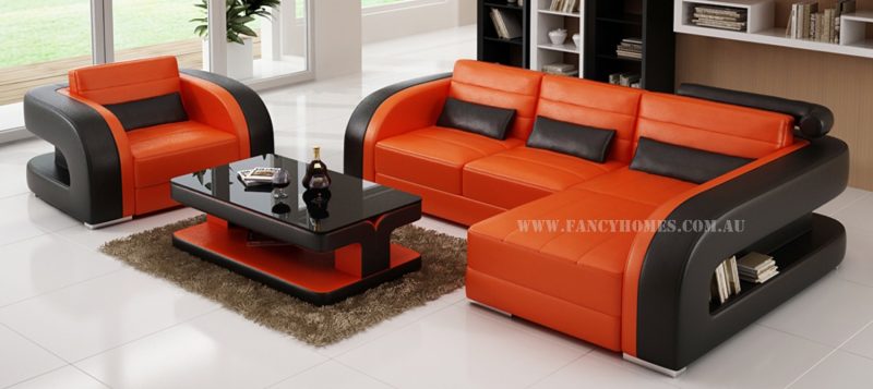 Fancy Homes Stream chaise leather sofa in orange and black leather featuring unique design armrests with storage space underneath