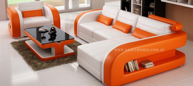 Fancy Homes Stream chaise leather sofa in white and orange