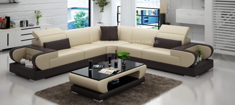 Fancy Homes Teresa-B corner leather sofa in beige and brown leather