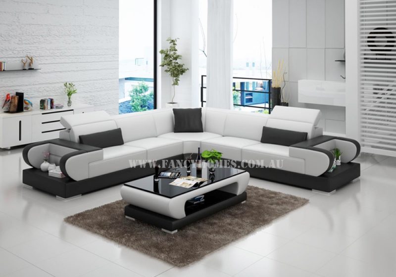 Fancy Homes Teresa-B corner leather sofa in white and black featuring adjustable headrests, storage armrests.