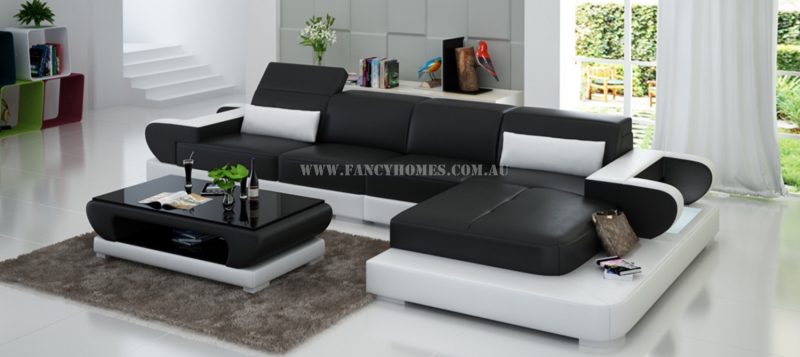 Fancy Homes Teresa-C chaise leather sofa in black and white leather