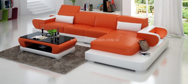 Fancy Homes Teresa-C chaise leather sofa in orange and white leather