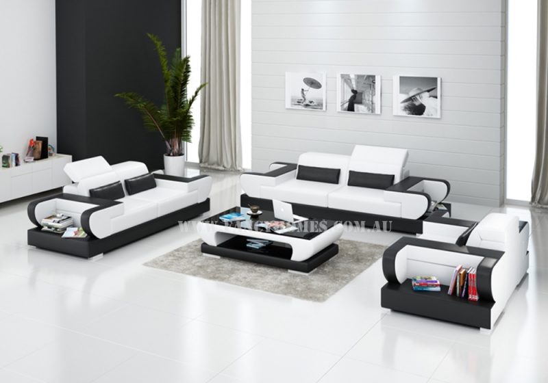 Fancy Homes Teresa-D lounges suites leather sofa is featured with contemporary design, curved armrests with open storages and easy-adjust headrests in white and black leather