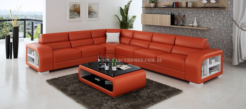 Fancy Homes Teri-B corner leather sofa in orange and white leather featuring storage armrests