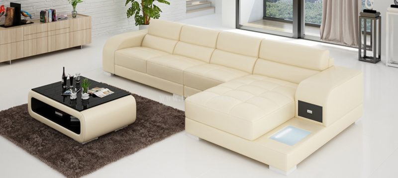 Fancy Homes Teri-C chaise leather sofa in beige and brown leather