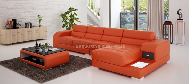 Fancy Homes Teri-C chaise leather sofa in orange and white leather with LED lighting system, storage armrests and draw unit