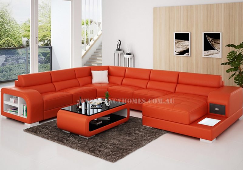 Fancy Homes Teri modular leather sofa in orange and white leather featured with LED lighting system, storage armrests and draw unit