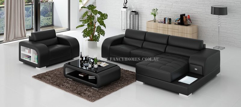 Fancy Homes Teri-E chaise leather sofa with a single seater in black and white leather