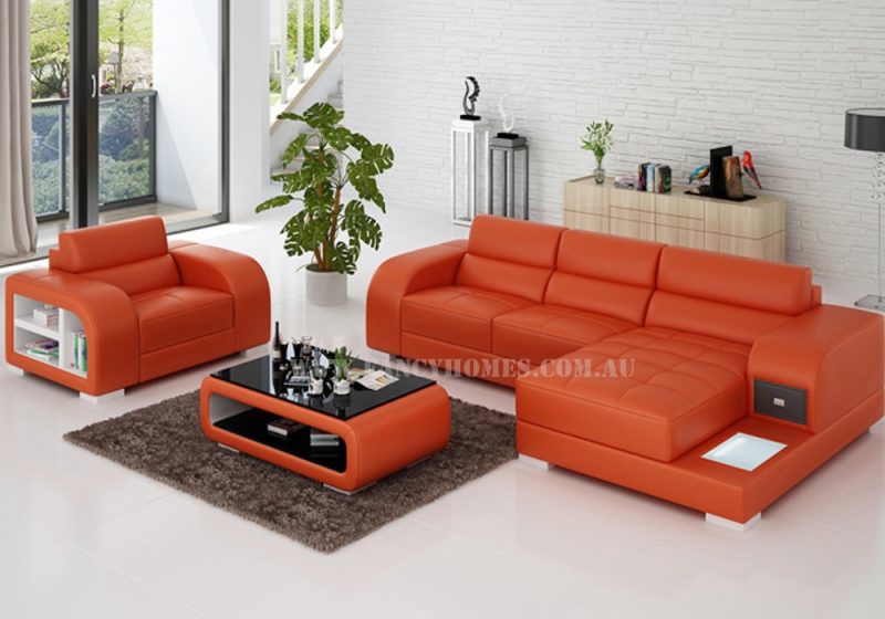 Fancy Homes Teri-E chaise leather sofa with a single seater in orange and white leather with LED lighting system, storage armrests and draw unit