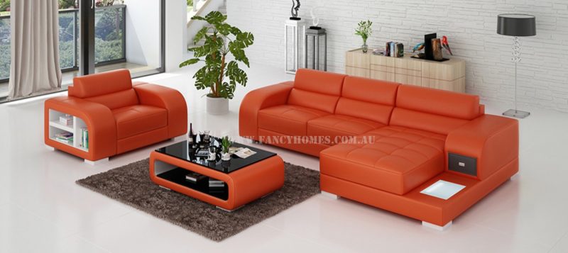 Fancy Homes Teri-E chaise leather sofa with a single seater in orange and white leather