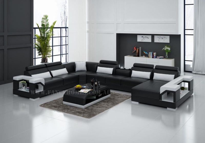 Fancy Homes Vera modular leather sofa in black and white leather features adjustable headrests, storage armrests and in-built cupholder