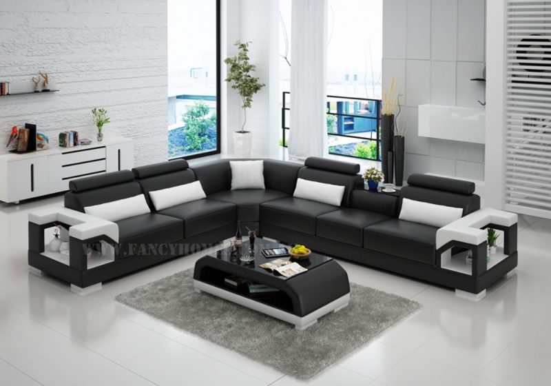 Fancy Homes Vera-B corner leather sofa in black and white leather features adjustable headrests, in-built cupholder and storage armrests