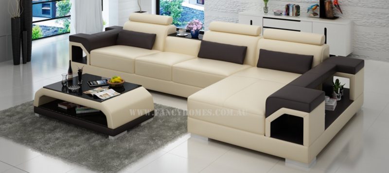 Fancy Homes Vera-C chaise leather sofa in beige and brown leather