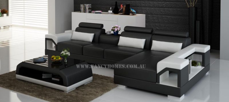 Fancy Homes Vera-C chaise leather sofa in black and white leather