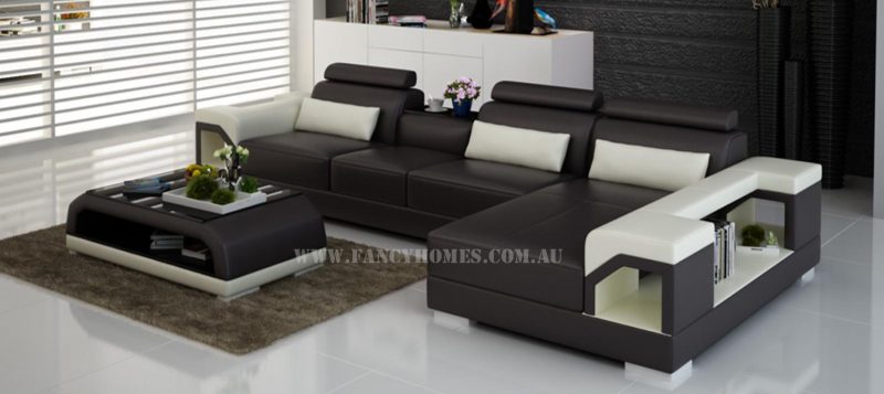 Fancy Homes Vera-C chaise leather sofa in brown and white leather